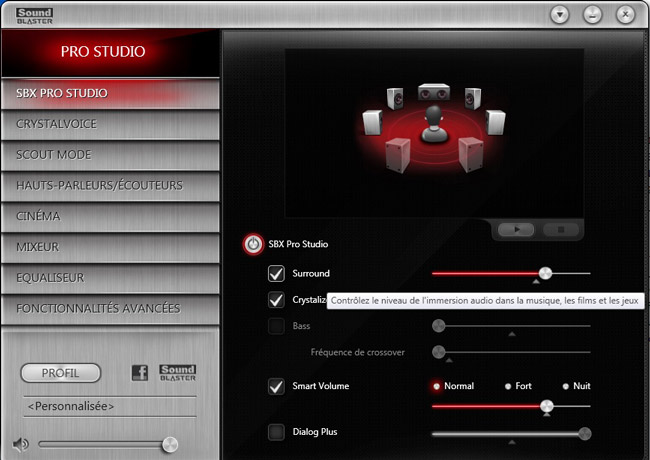 Logiciel Sound Blaster Pro Studio - Onglet SBX PRO STUDIO