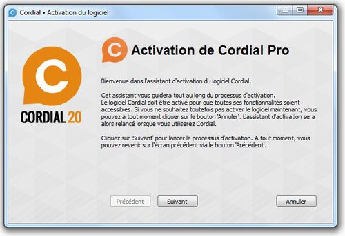 Activation de Cordial Pro 20 lors du premier démarrage