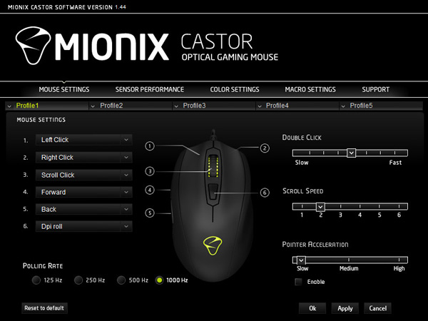 Mionix Castor Software : les réglages généraux de la souris