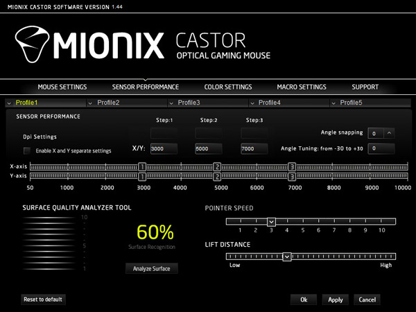 Mionix Castor Software : sensor performance / les performances du capteur