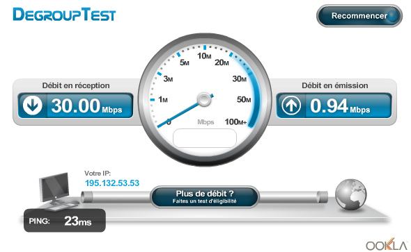 Performance de ma connexion en CPL :<br />Débit en réception : 30,00 Mbps, Débit en émission : 0,94Mbps, Ping 23ms