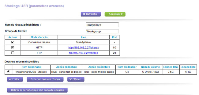 Le périphérique USB accessible par partage réseau, Web et FTP