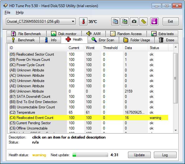 État de santé du Crucial M550 256Go par HD Tune Pro