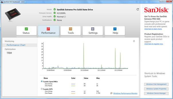 Sandisk Extreme Pro 480 Go : status de Sandisk SSD Dashboard
