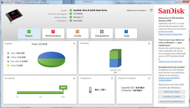 Le logiciel Sandisk SSD Dashboard