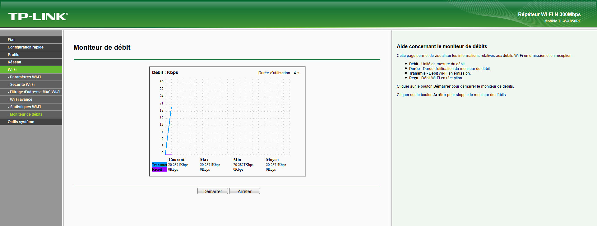 Interface Admin TP-LINK TL-WA850RE : Le moniteur de débit