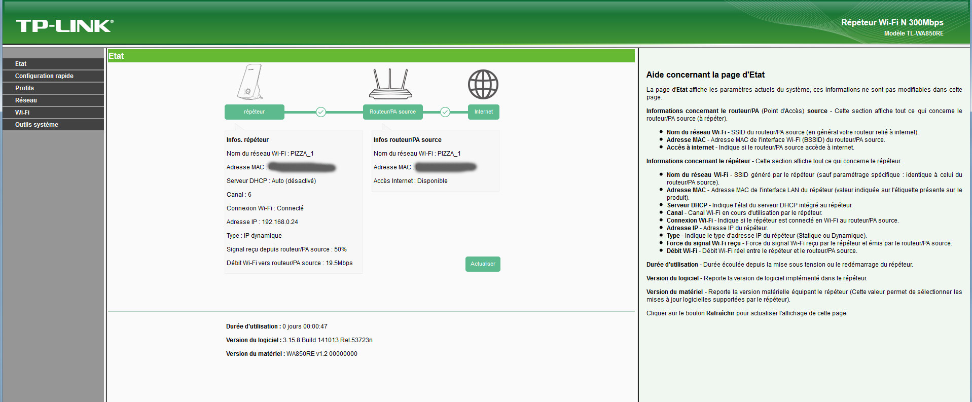 Interface Admin TP-LINK TL-WA850RE : Les messages système