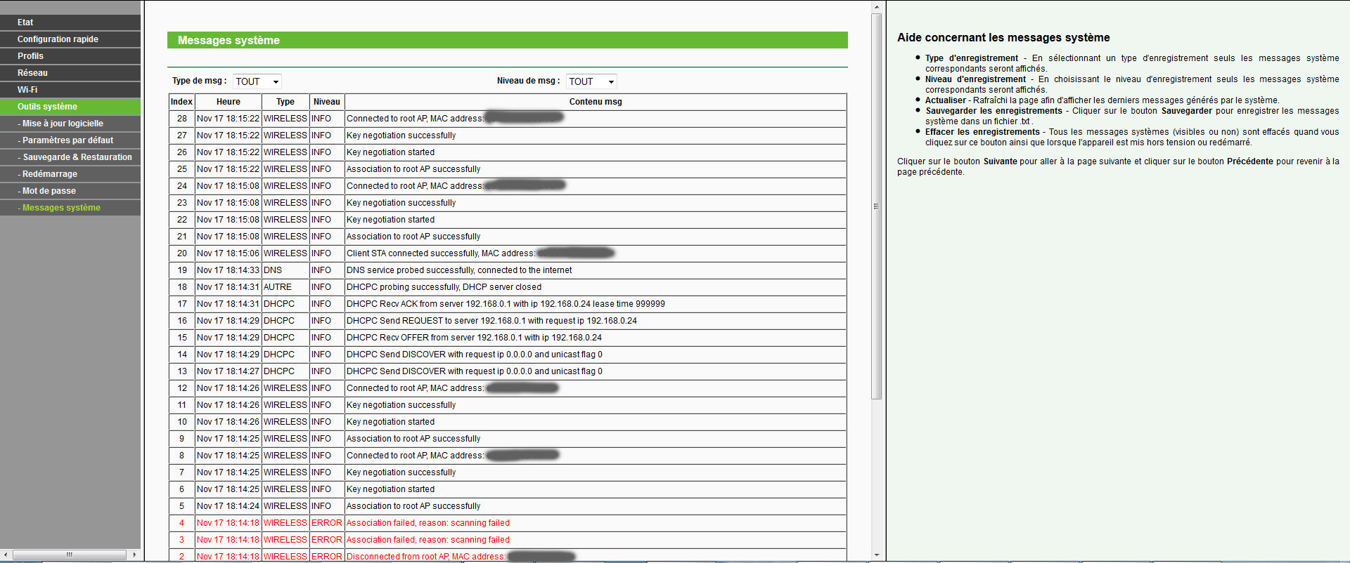 Interface Admin TP-LINK TL-WA850RE : Etat de la connexion