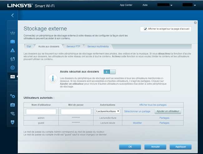 L'interface de gestion :  la page Stockage externe / Accès aux dossiers qui gère le partage de périphérique et donne la possibilité de définir des droits d'accès